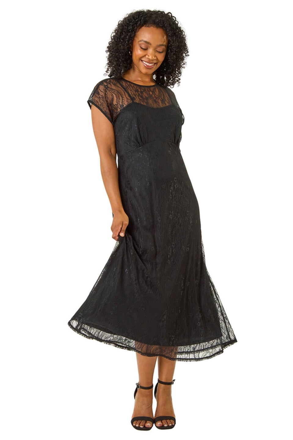 Roman Black Petite Lace Stretch Midi Dress