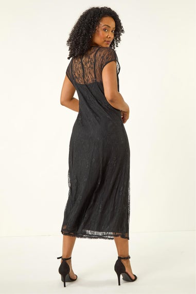 Roman Black Petite Lace Stretch Midi Dress