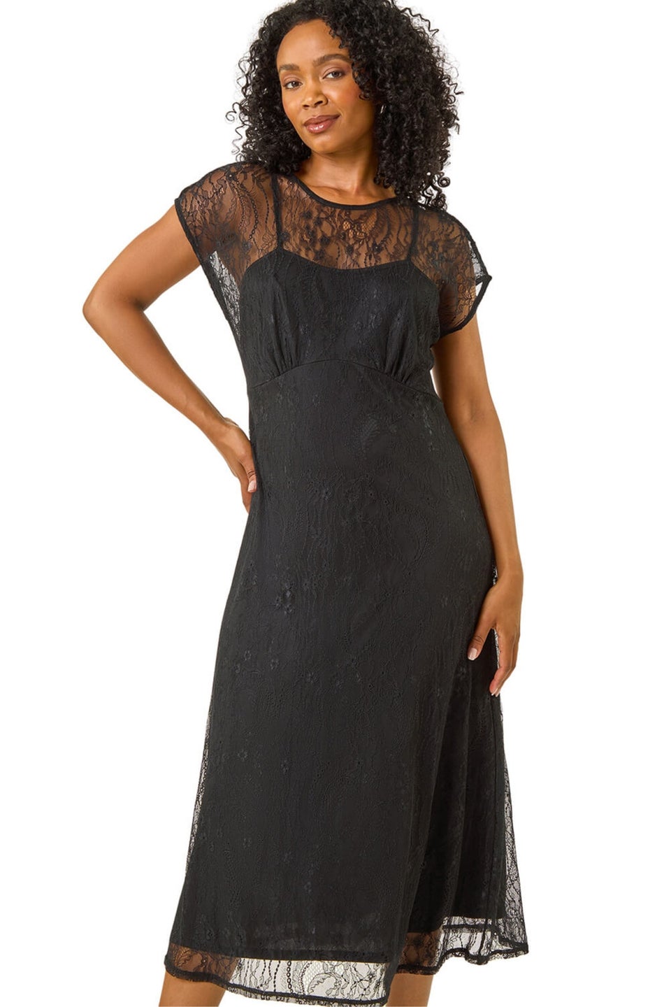 Roman Black Petite Lace Stretch Midi Dress