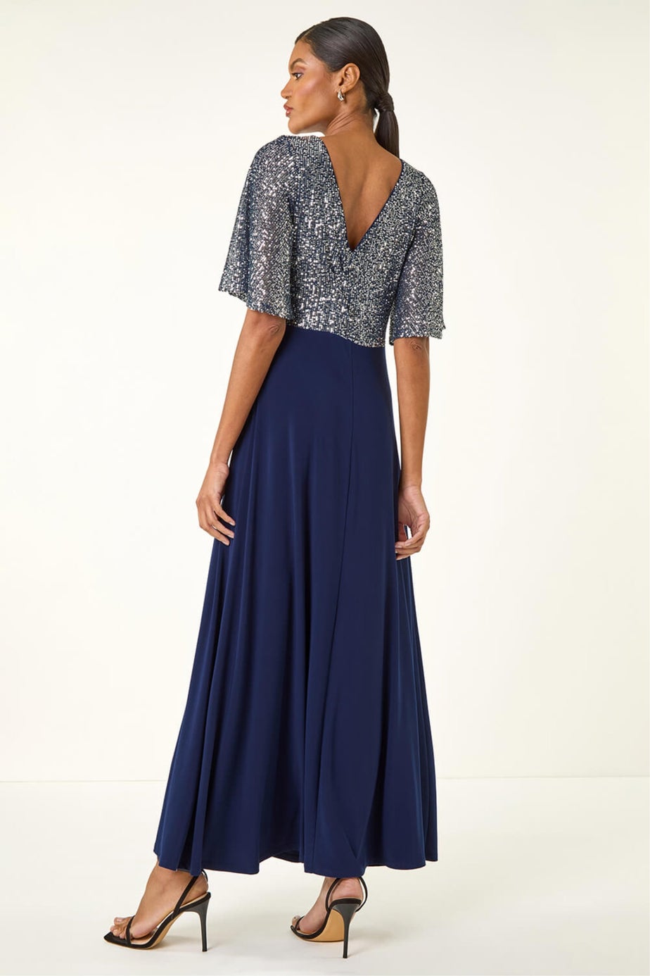 Roman Navy Sequin Flutter Sleeve Midi Dress