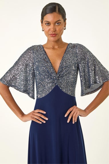Roman Navy Sequin Flutter Sleeve Midi Dress