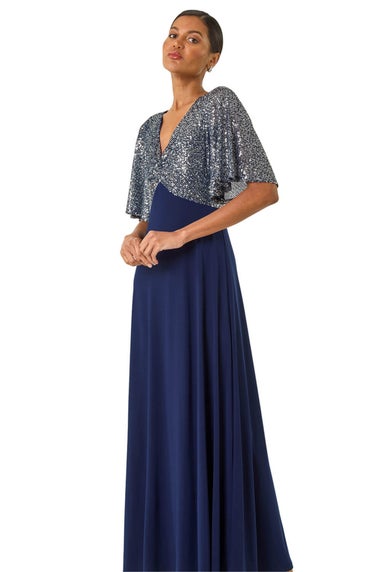 Roman Navy Sequin Flutter Sleeve Midi Dress