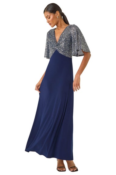 Roman Navy Sequin Flutter Sleeve Midi Dress