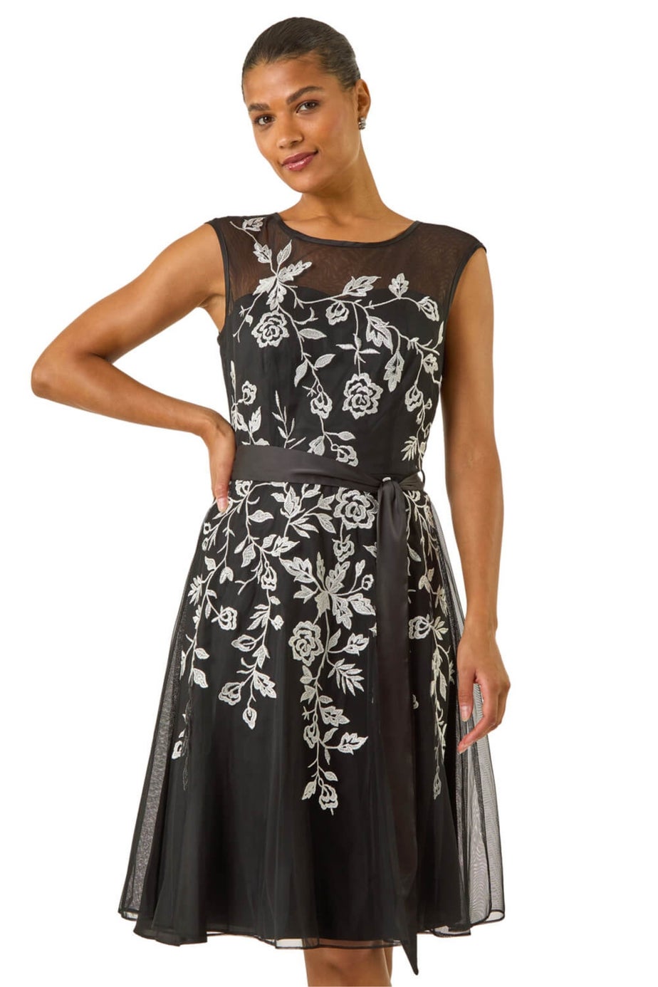 Roman Black Embroidered Tie Waist Midi Dress