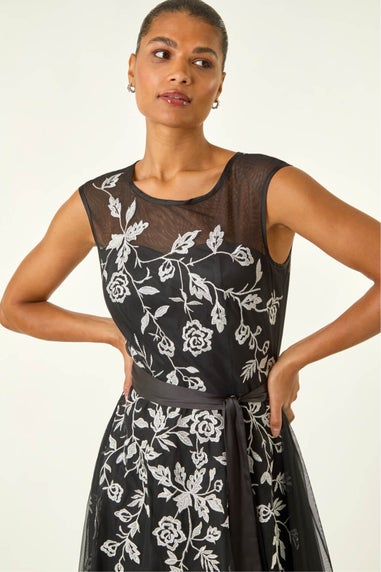 Roman Black Embroidered Tie Waist Midi Dress