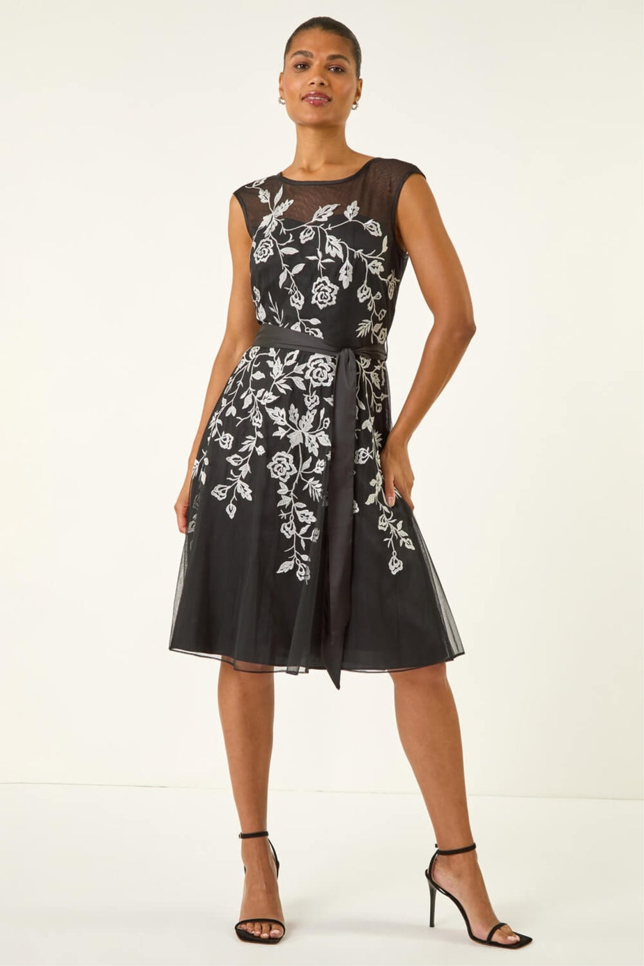 Roman Black Embroidered Tie Waist Midi Dress