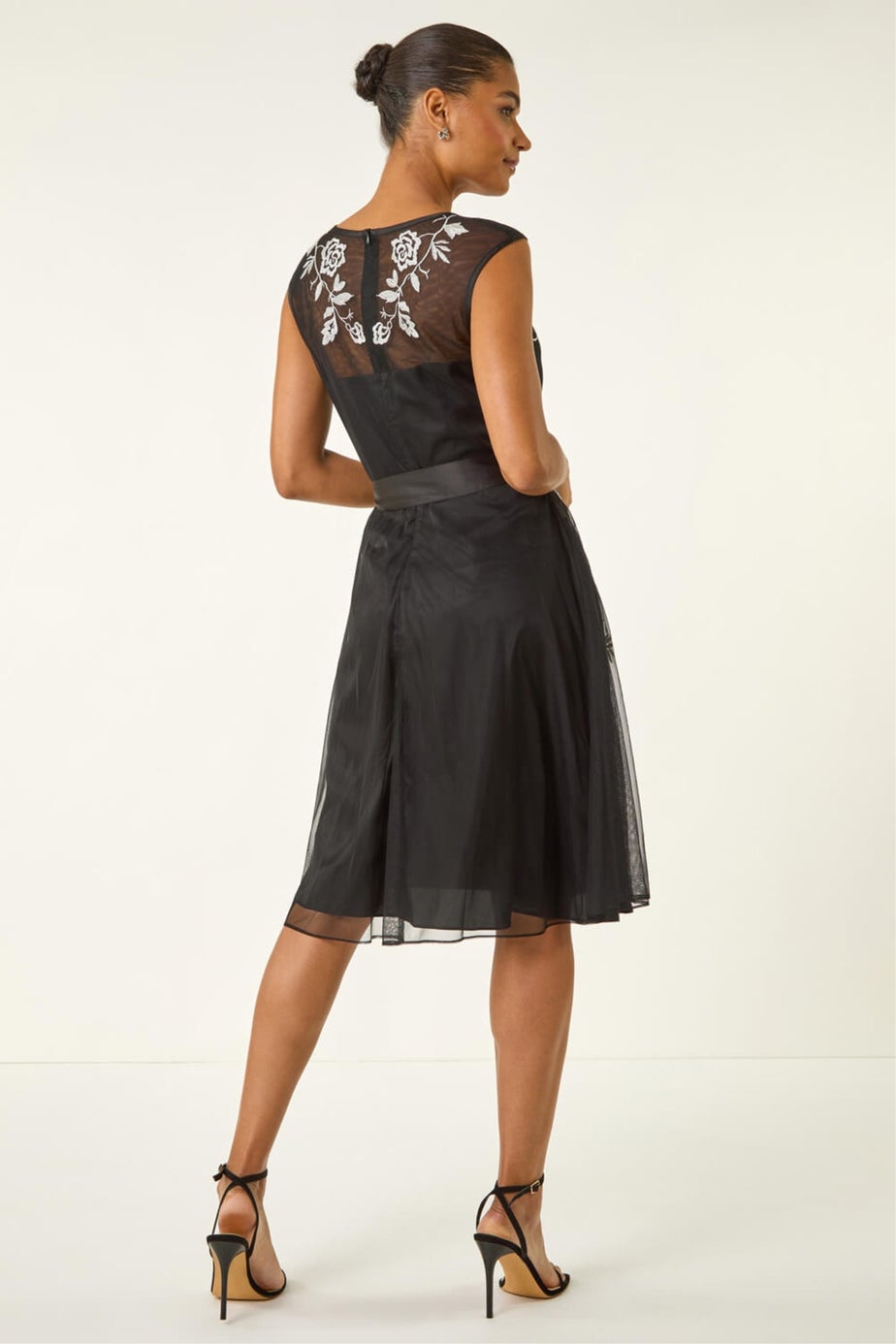Roman Black Embroidered Tie Waist Midi Dress