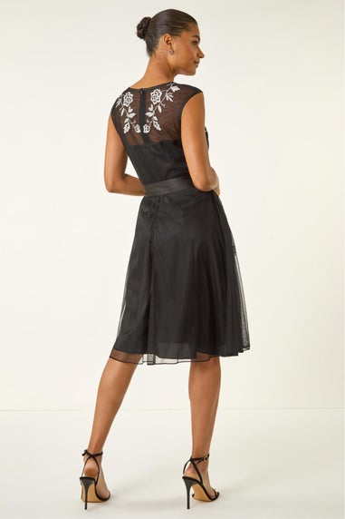Roman Black Embroidered Tie Waist Midi Dress