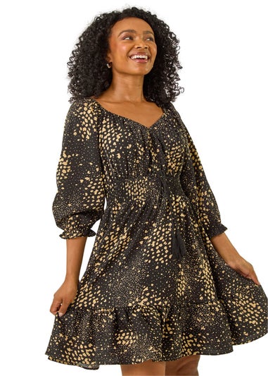 Roman Black Petite Spot Print Frill Detail Dress