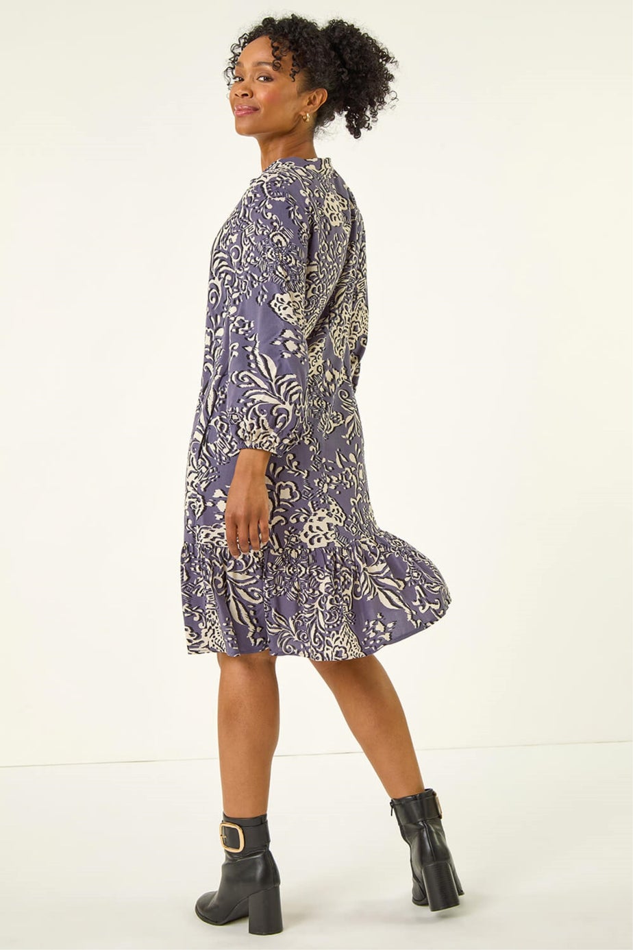 Roman Grey Petite Abstract Print Tiered Dress