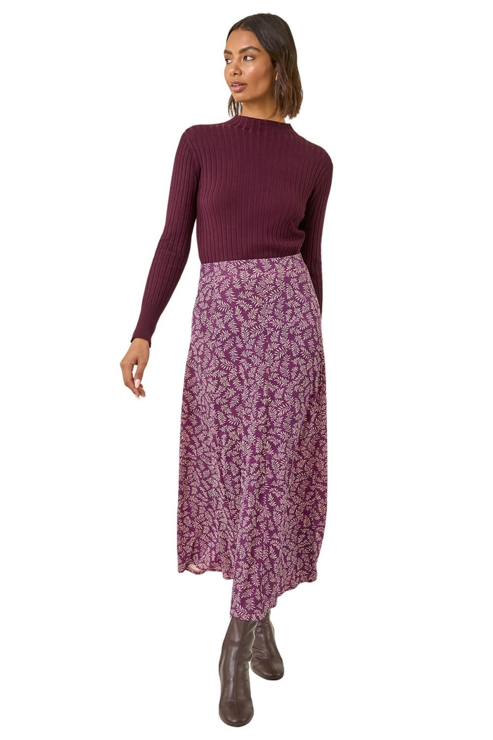 Roman Bordeaux Sprig Leaf Stretch Midi Skirt