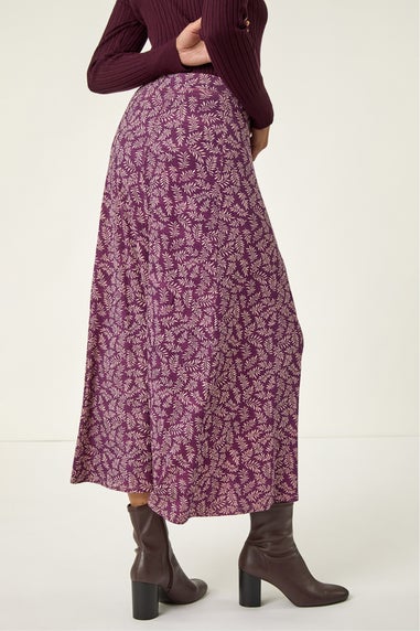 Roman Bordeaux Sprig Leaf Stretch Midi Skirt