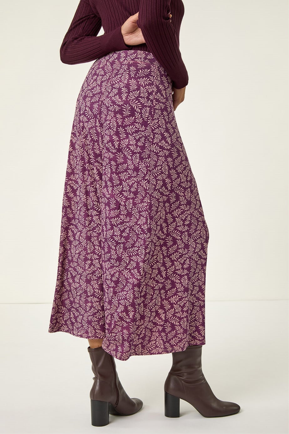 Roman Bordeaux Sprig Leaf Stretch Midi Skirt