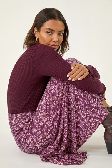 Roman Bordeaux Sprig Leaf Stretch Midi Skirt