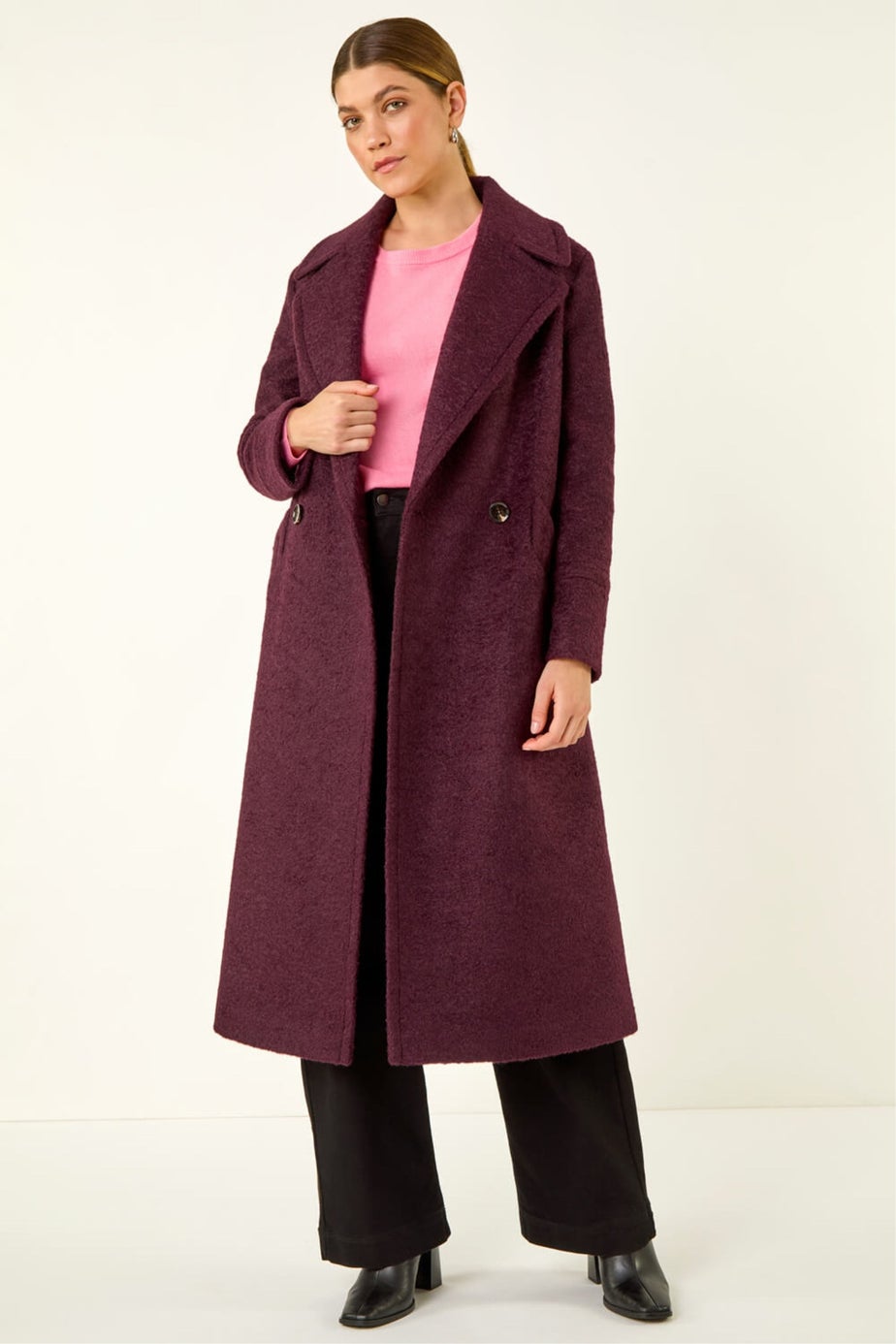 Roman Burgundy Textured Buttoned Boucle Coat
