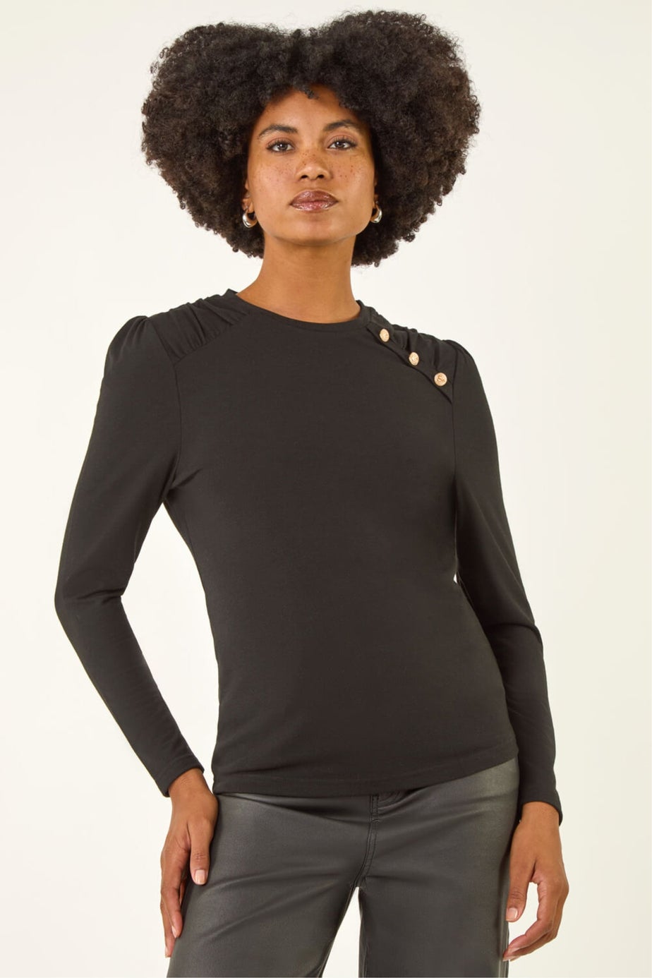 Roman Black Ruched Button Stretch Top