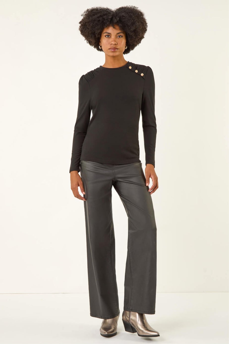 Roman Black Ruched Button Stretch Top