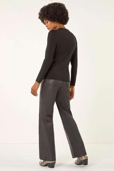 Roman Black Ruched Button Stretch Top