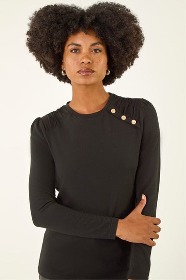 Roman Black Ruched Button Stretch Top