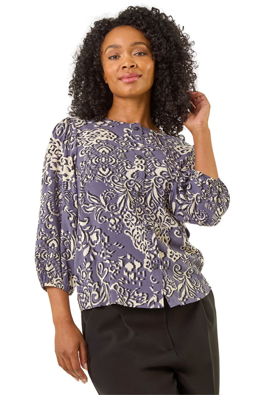 Roman Purple Petite Floral Print Button Blouse
