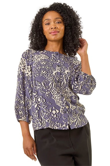 Roman Purple Petite Floral Print Button Blouse