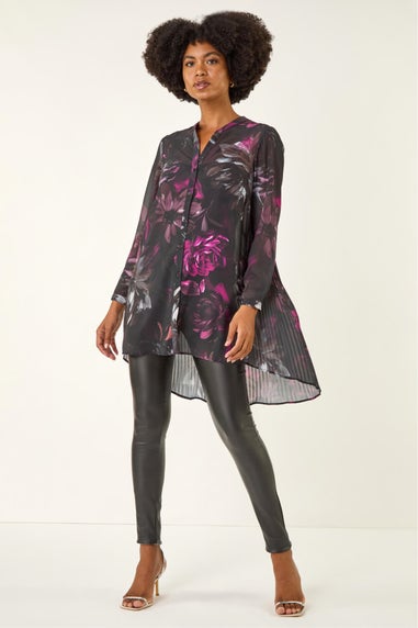 Roman Black Floral Print Pleated Back Blouse