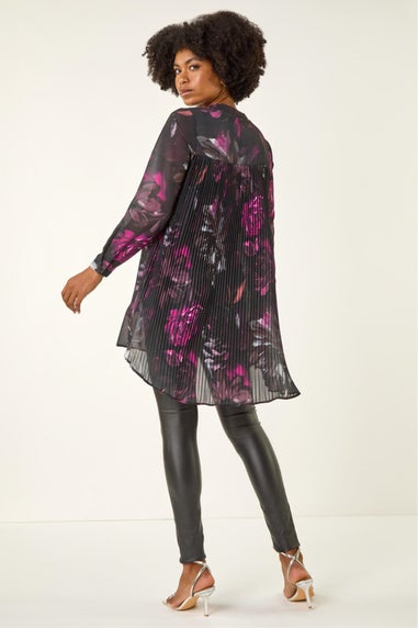Roman Black Floral Print Pleated Back Blouse