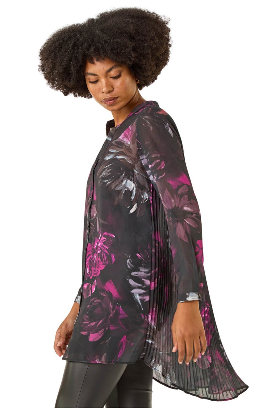 Roman Black Floral Print Pleated Back Blouse