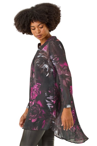 Roman Black Floral Print Pleated Back Blouse