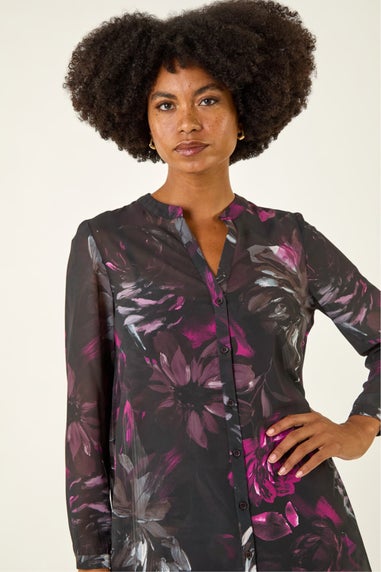 Roman Black Floral Print Pleated Back Blouse