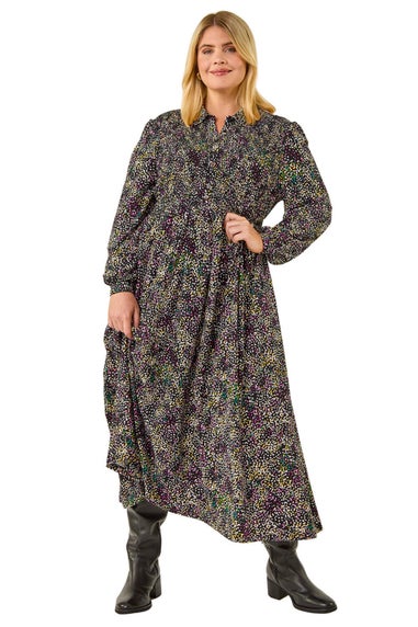 Roman Purple Curve Abstract Print Shirred Midi Dress