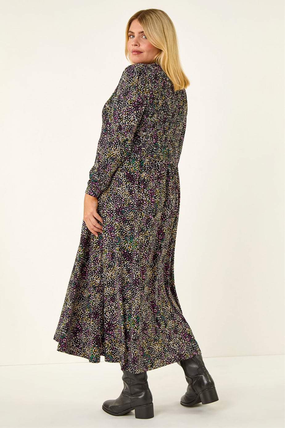 Roman Purple Curve Abstract Print Shirred Midi Dress