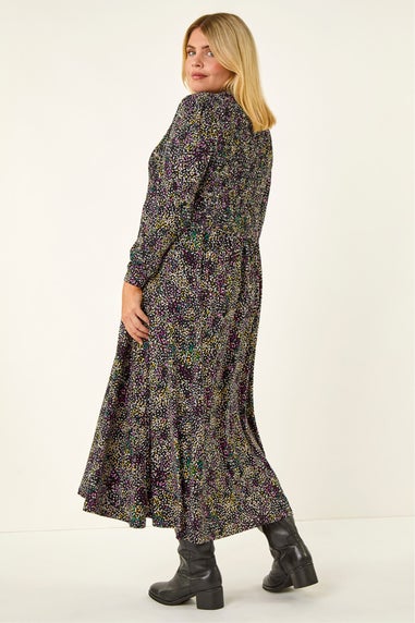 Roman Purple Curve Abstract Print Shirred Midi Dress