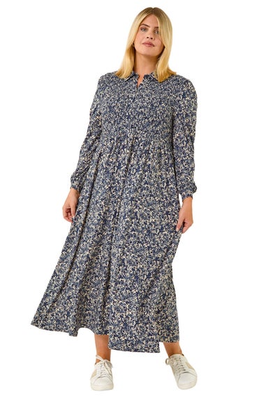 Roman Blue Curve Abstract Print Shirred Midi Dress