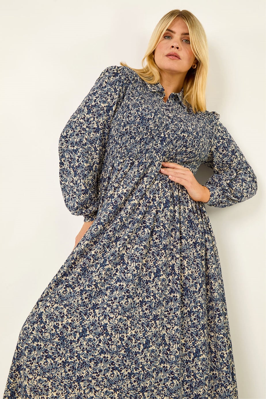 Roman Blue Curve Abstract Print Shirred Midi Dress