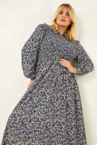 Roman Blue Curve Abstract Print Shirred Midi Dress