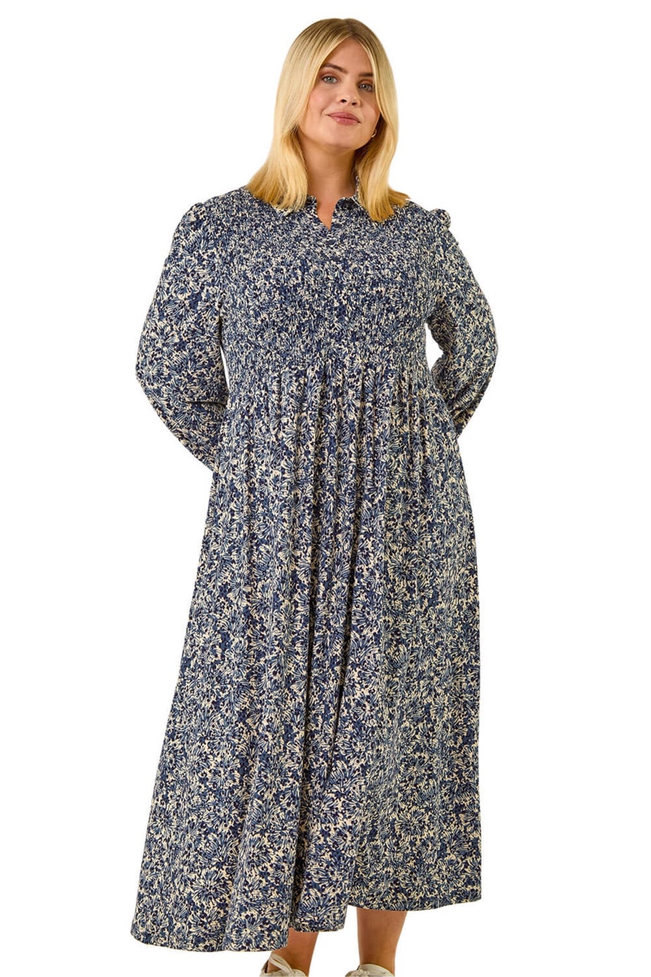 Roman Blue Curve Abstract Print Shirred Midi Dress