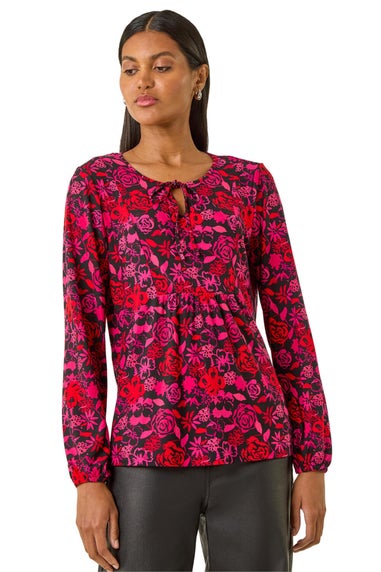 Roman Pink Floral Tie Neck Top