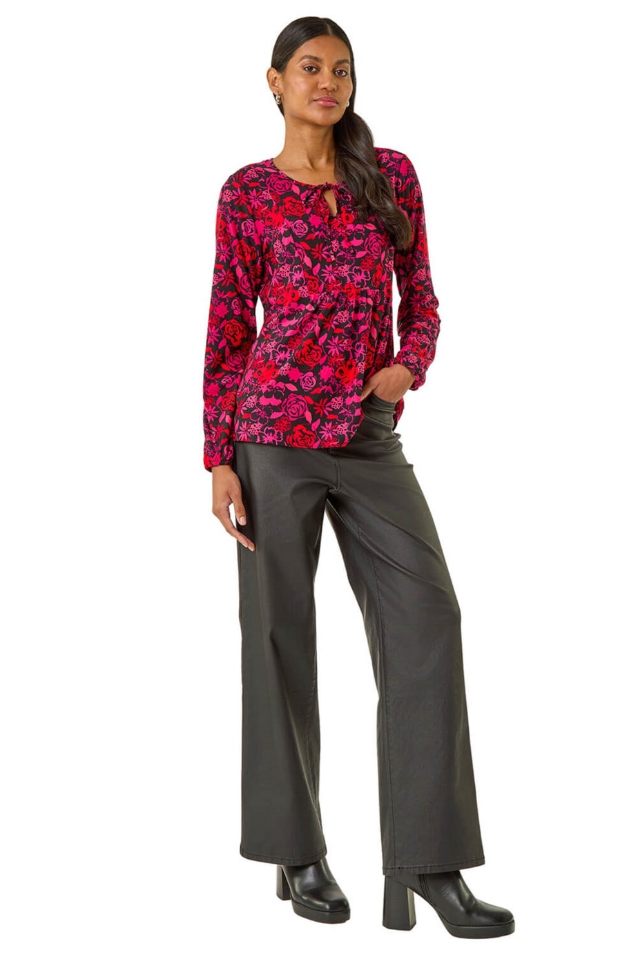 Roman Pink Floral Tie Neck Top