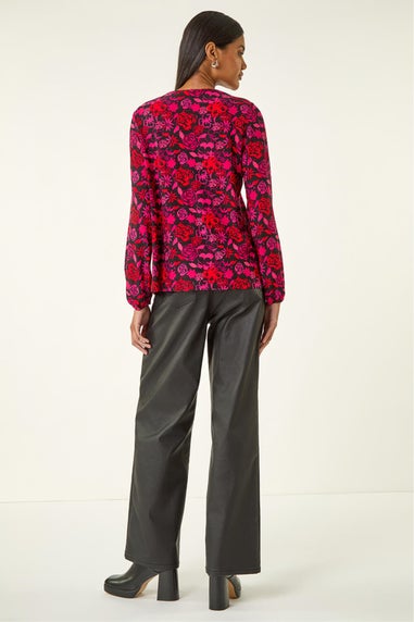 Roman Pink Floral Tie Neck Top