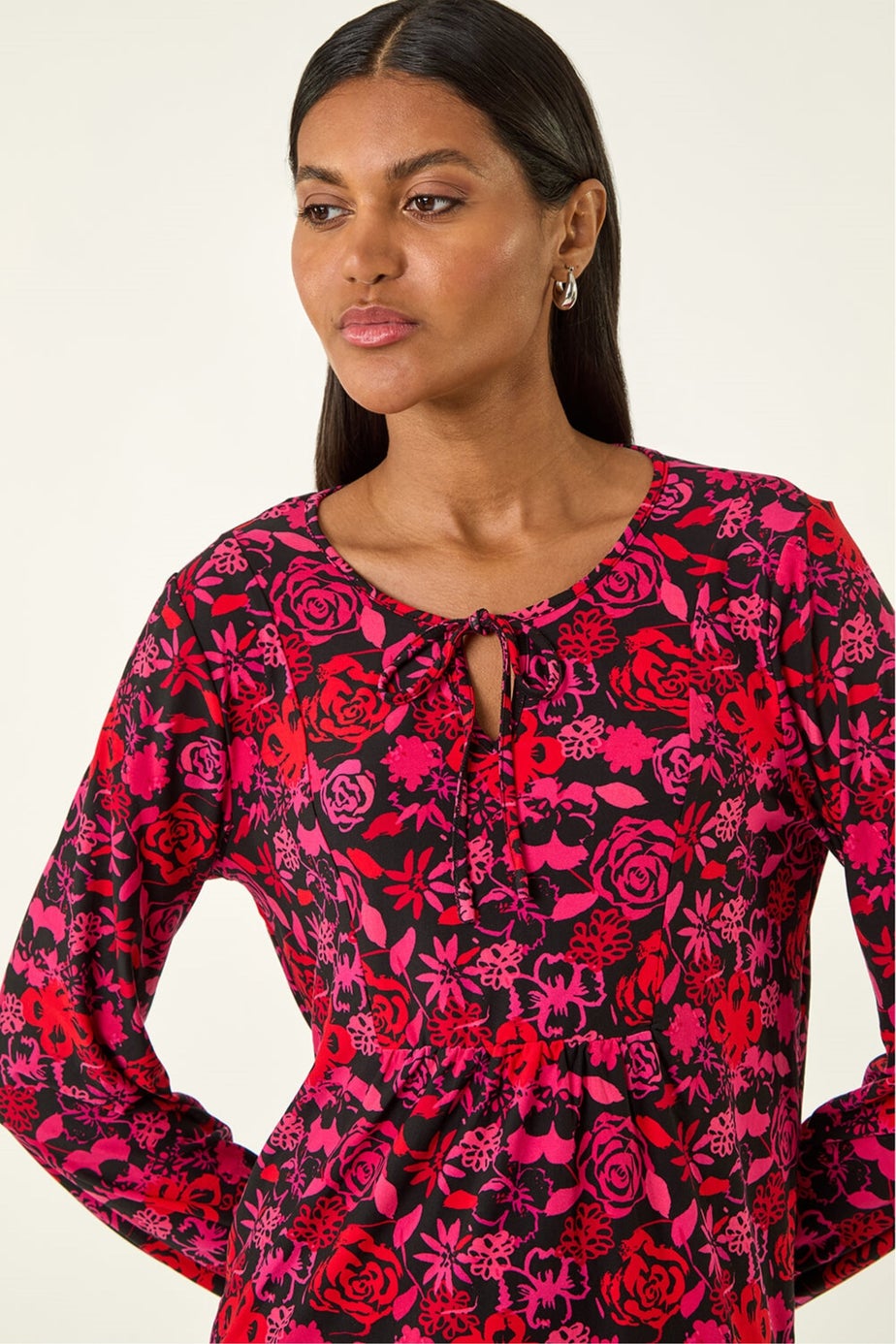 Roman Pink Floral Tie Neck Top