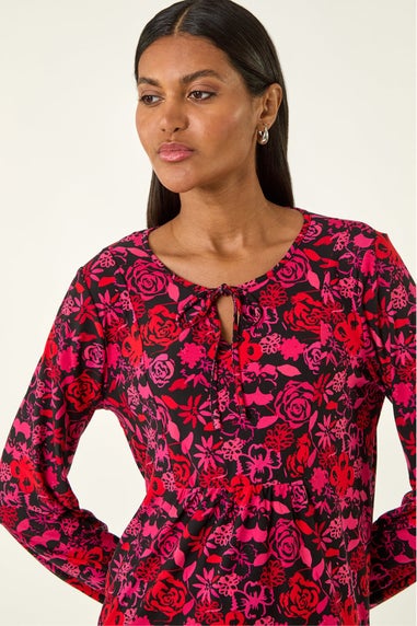 Roman Pink Floral Tie Neck Top