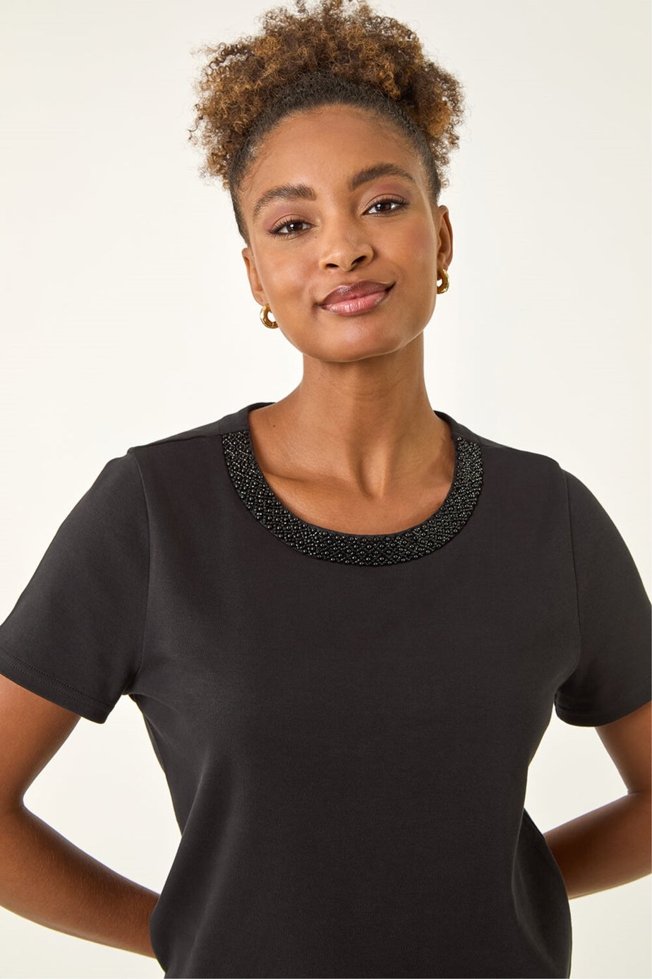 Roman Black Beaded Short Sleeve Top