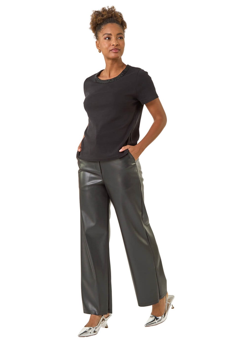 Roman Black Beaded Short Sleeve Top