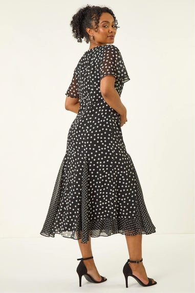 Roman Black Petite Spot Print Godet Hem Midi Dress
