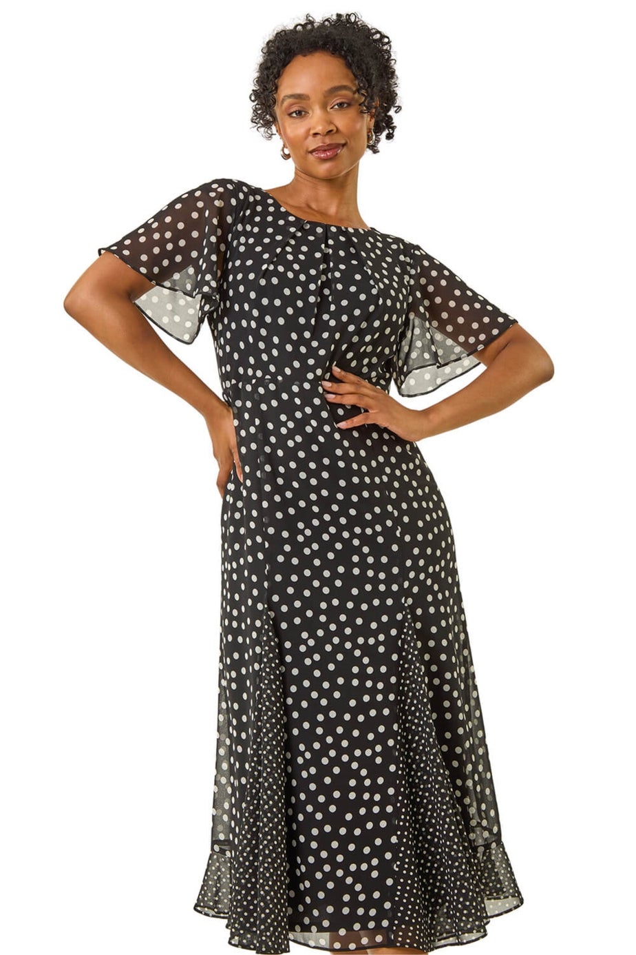 Roman Black Petite Spot Print Godet Hem Midi Dress