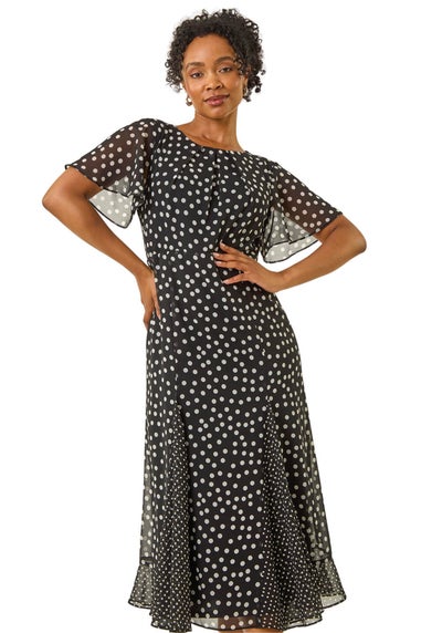 Roman Black Petite Spot Print Godet Hem Midi Dress