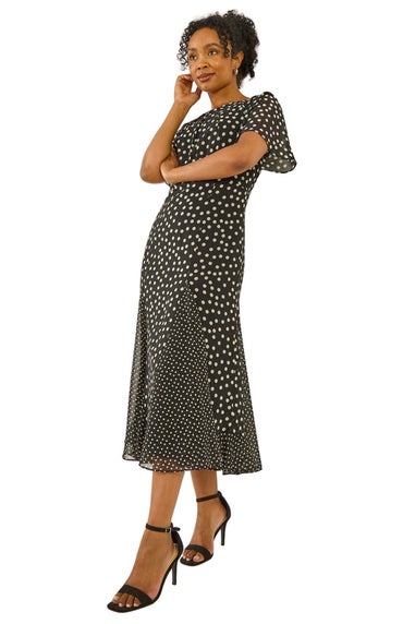 Roman Black Petite Spot Print Godet Hem Midi Dress
