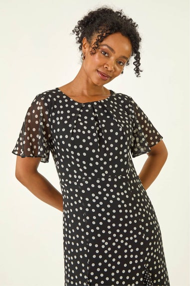 Roman Black Petite Spot Print Godet Hem Midi Dress