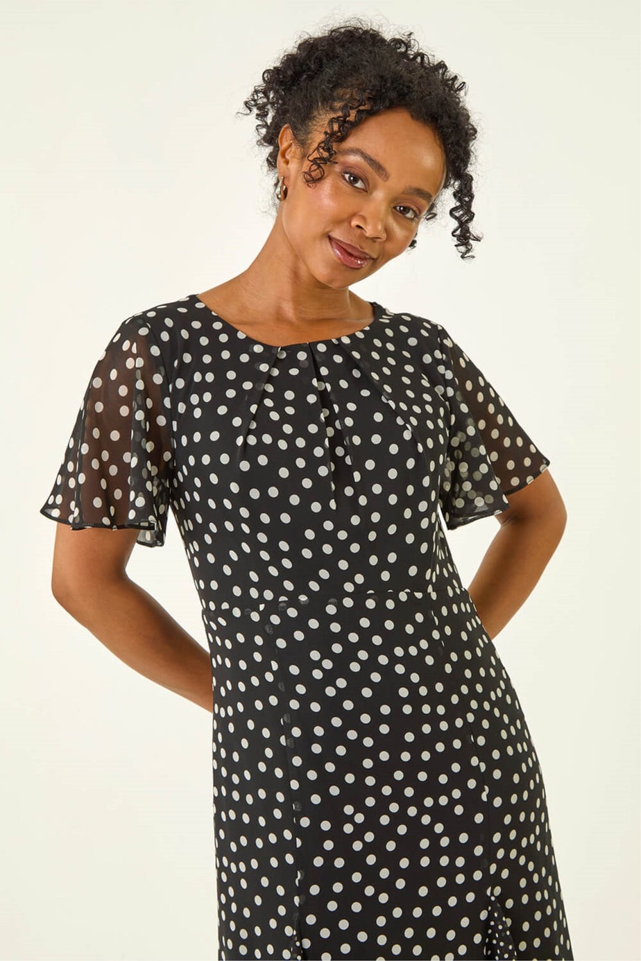 Roman Black Petite Spot Print Godet Hem Midi Dress